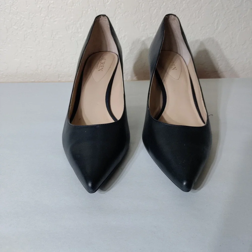 Lauren Ralph Lauren Womens Black Leather Pointed Toe Kitten Heel Pumps Size 11B